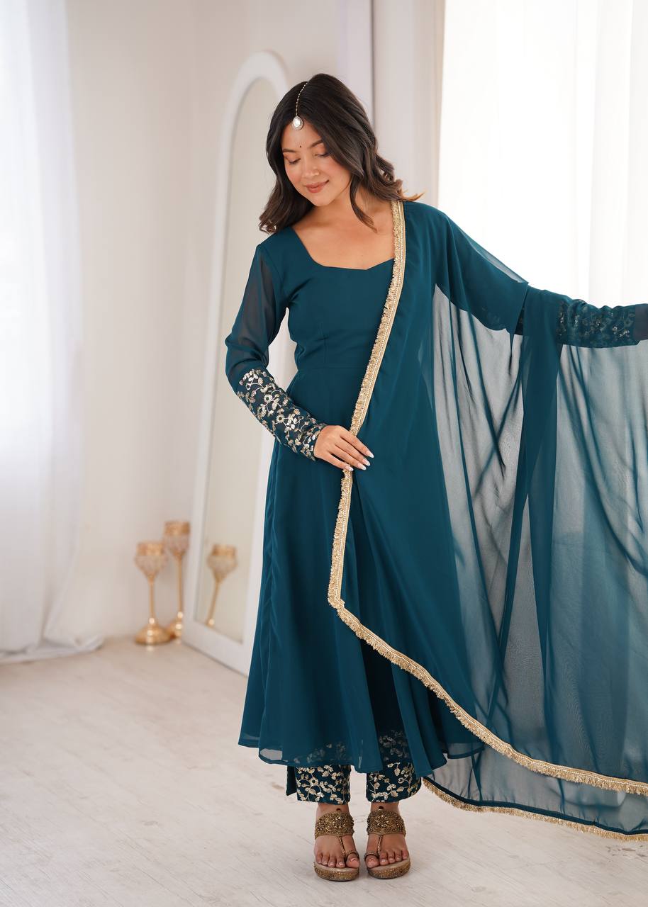 Teal Blue Georgette Anarkali Gown Suit Set with Sequin & Zari Floral Embroidered Sleeves, Matching Pants & Gota Lace Border Dupatta