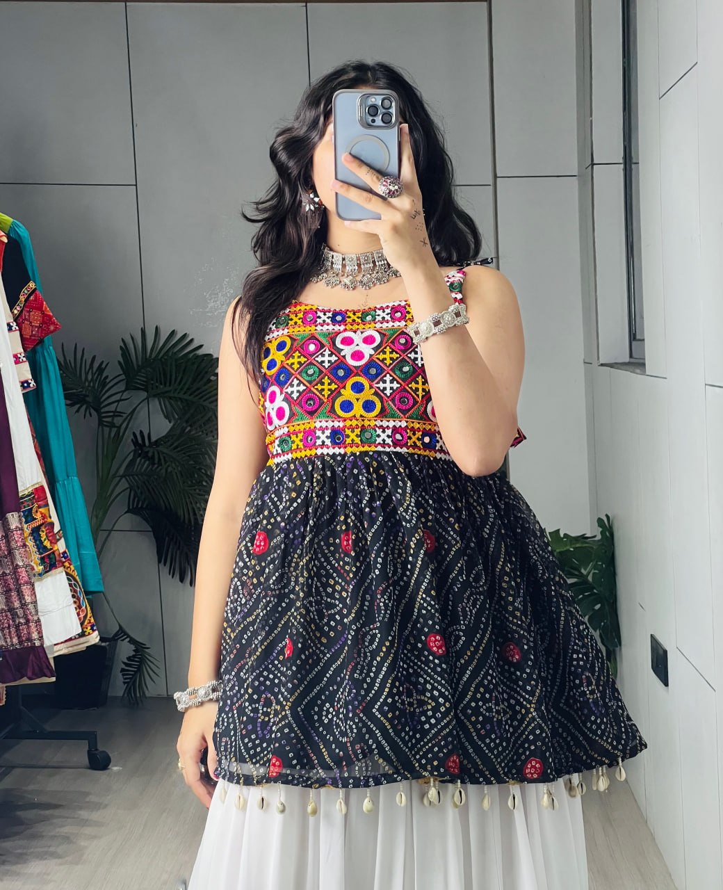 Black Bandhani Peplum Top & White Pure Rayon Cotton Frill Lehenga Set with Kutchi Mirror Embroidery