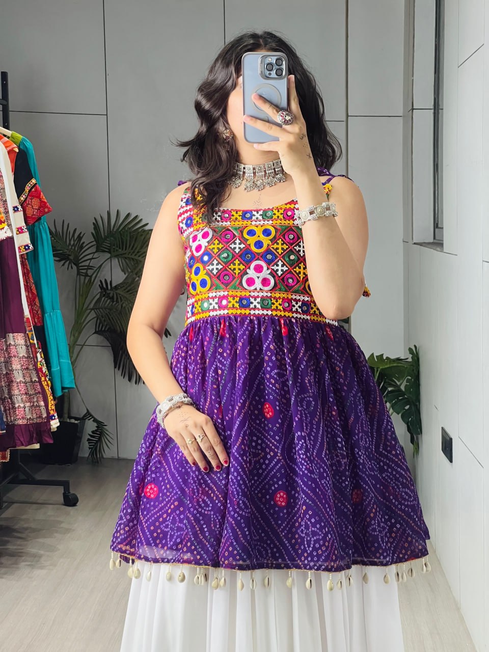 Purple Bandhani Peplum Top & White Pure Rayon Cotton Frill Lehenga Set with Kutchi Mirror Embroidery