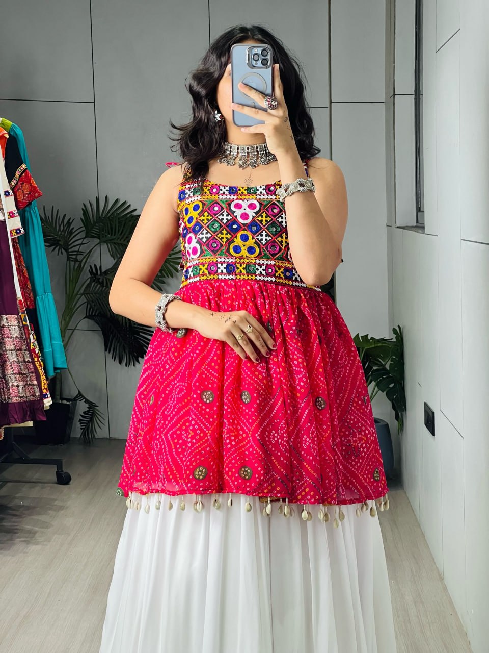 Rani Pink Bandhani Peplum Top & White Pure Rayon Cotton Frill Lehenga Set with Kutchi Mirror Embroidery