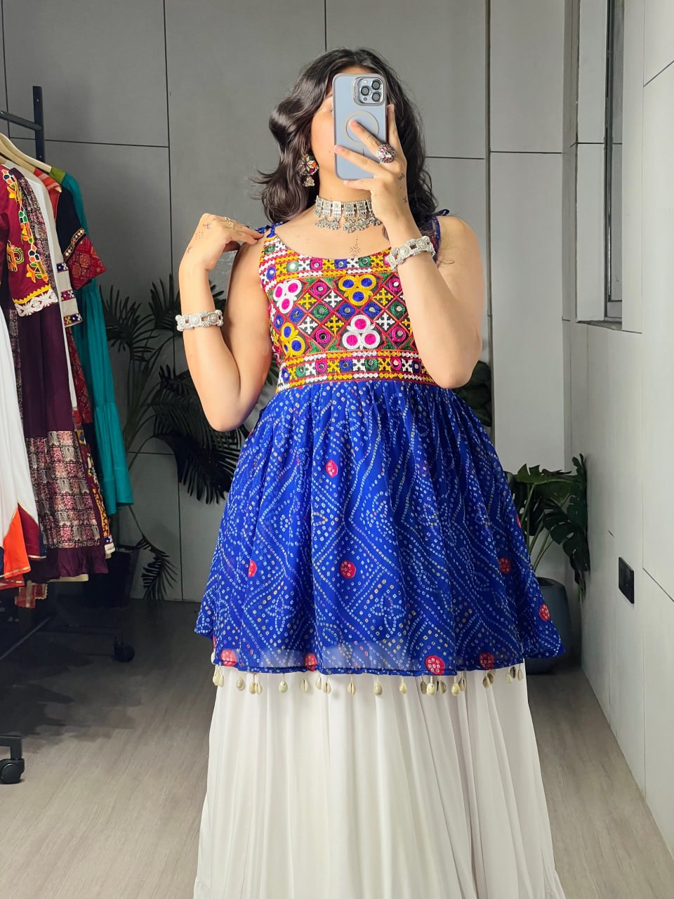 Royal Blue Bandhani Peplum Top & White Pure Rayon Cotton Frill Lehenga Set with Kutchi Mirror Embroidery
