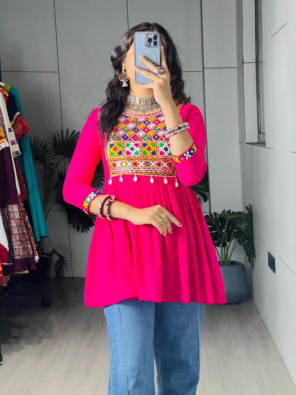 Rani Pink Pure Rayon Cotton Short Peplum Kurti with Traditional Gamthi Kutchi Patchwork, Real Mirror Work & Cowrie Shells