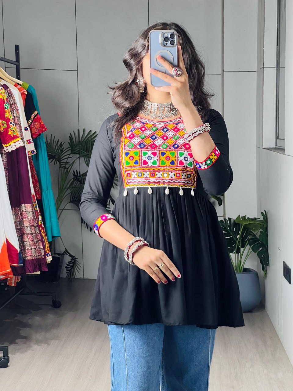 Black Pure Rayon Cotton Short Peplum Kurti with Traditional Gamthi Kutchi Patchwork, Real Mirror Work & Cowrie Shells