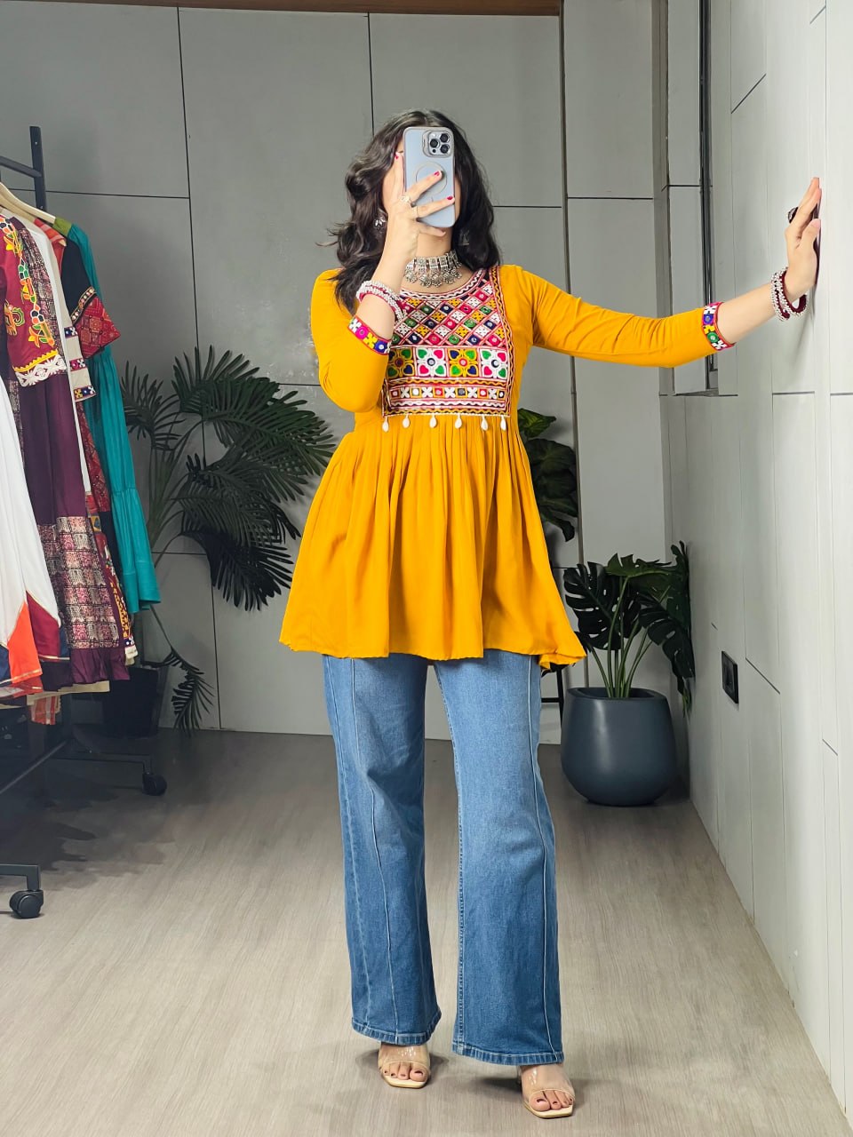 Yellow Pure Rayon Cotton Short Peplum Kurti with Traditional Gamthi Kutchi Patchwork, Real Mirror Work & Cowrie Shells
