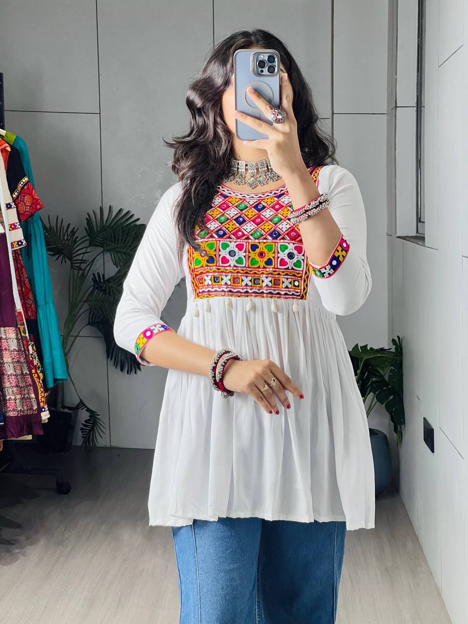 White Pure Rayon Cotton Short Peplum Kurti with Traditional Gamthi Kutchi Patchwork, Real Mirror Work & Cowrie Shells
