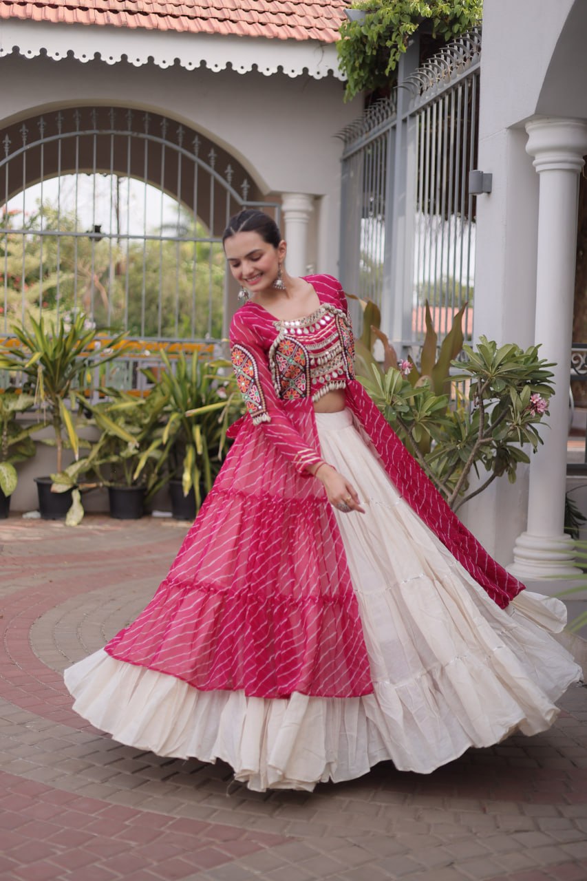 Navratri Off-White Kora Cotton Tiered Lehenga Choli Set with Rani Pink Leheriya Shrug