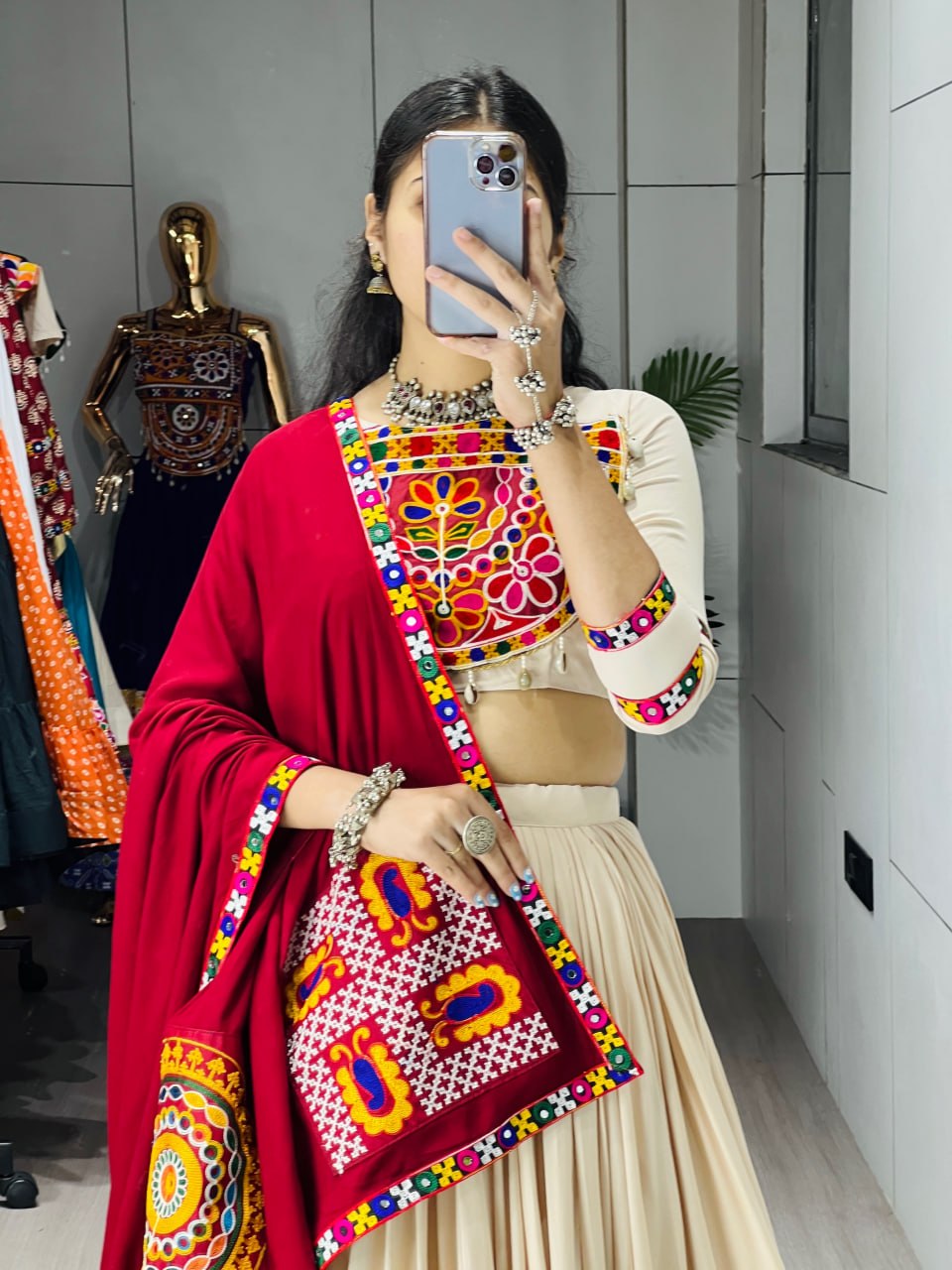 Cream & Maroon Pure Rayon Cotton Navratri Lehenga Choli Set with Traditional Chakra, Swastik, Mor & Vaastu Real Mirror Embroidery Work