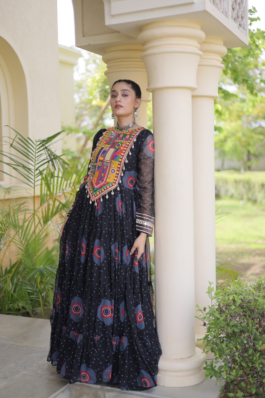 Navratri Black Bandhani Georgette Flared Gown