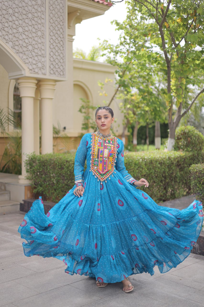 Navratri Sky Blue Bandhani Georgette Flared Gown