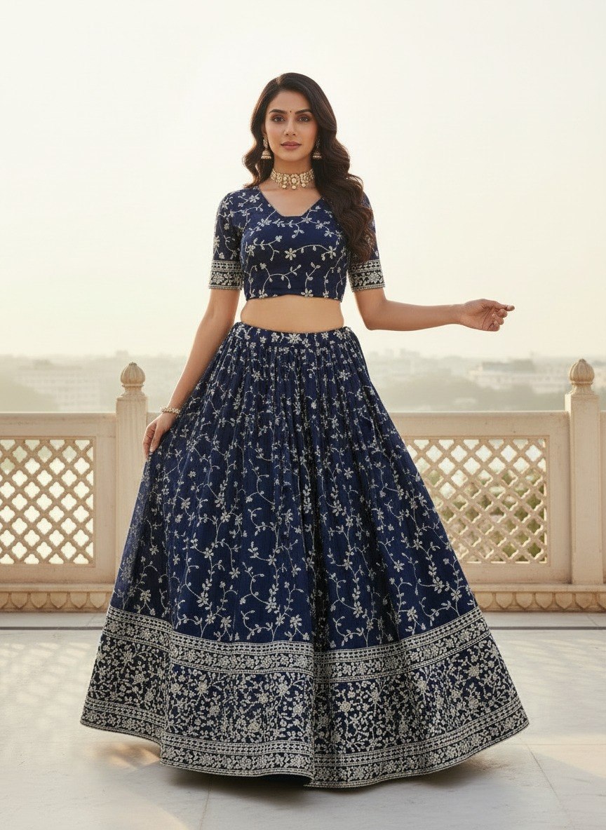 Midnight Navy Blue Georgette Flared Lehenga Choli Set with Rich Zari, Sequins & Floral Vine Embroidery, Elbow-Sleeve Designer Blouse & Border Detailing
