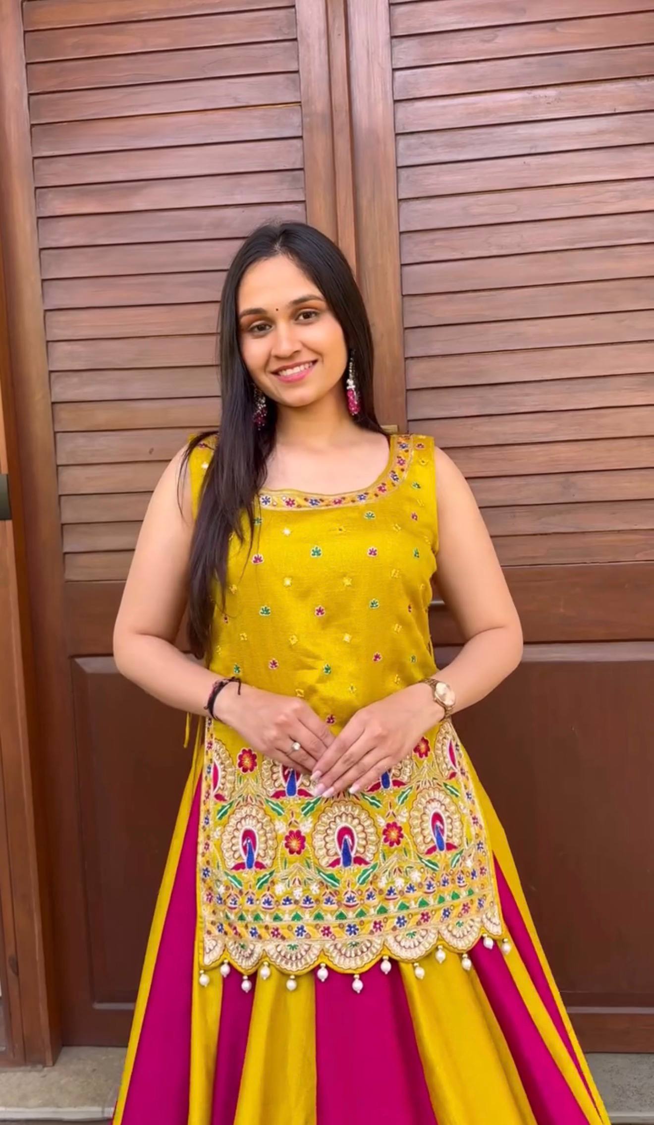 Yellow & Rani Pink Vichitra Silk Navratri Special Panelled Lehenga Choli Set with Heavy Embroidered Peplum Top | Ready to Wear