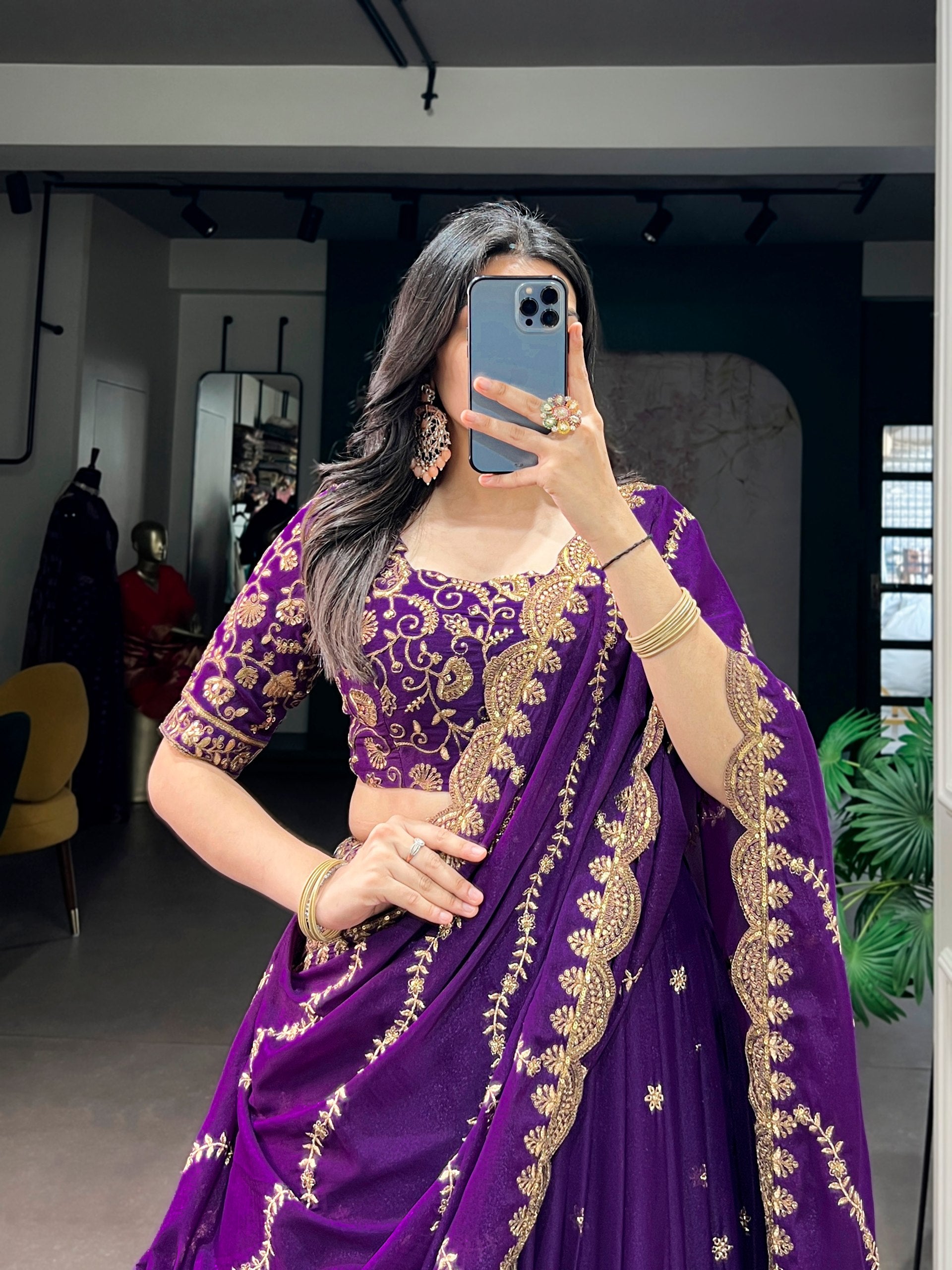 Pistachio Light Green Star Georgette Flared Lehenga Choli Set with Heavy Zari, Sequins & Resham Embroidery, Butti Work, Arca Border & Magenta Pink Scalloped Dupatta (Copy)