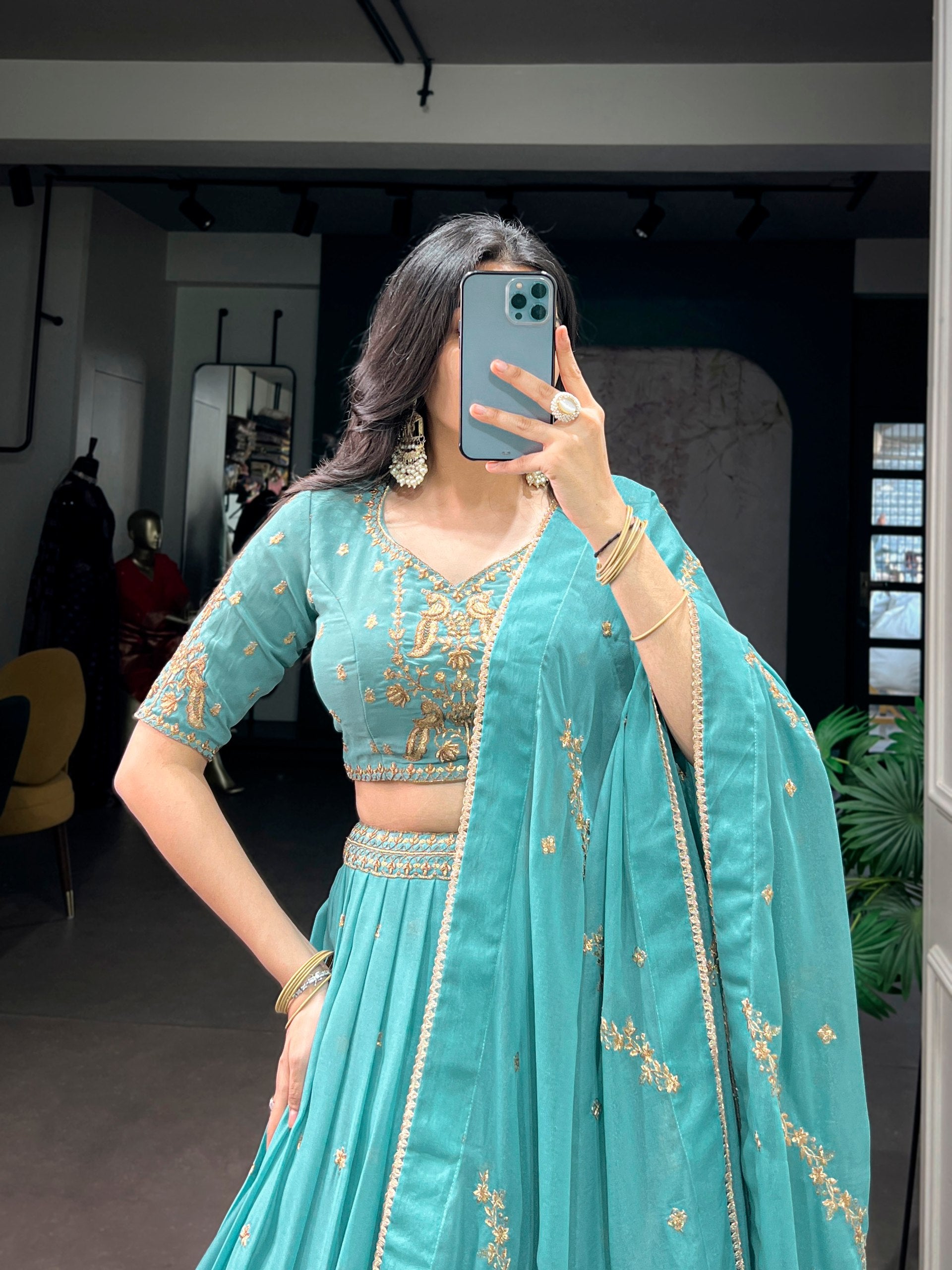 Turquoise Sea Green Star Georgette Flared Lehenga Choli Set with Heavy Zari, Sequins & Resham Embroidery, Butti Work, Arca Border & Draped Dupatta