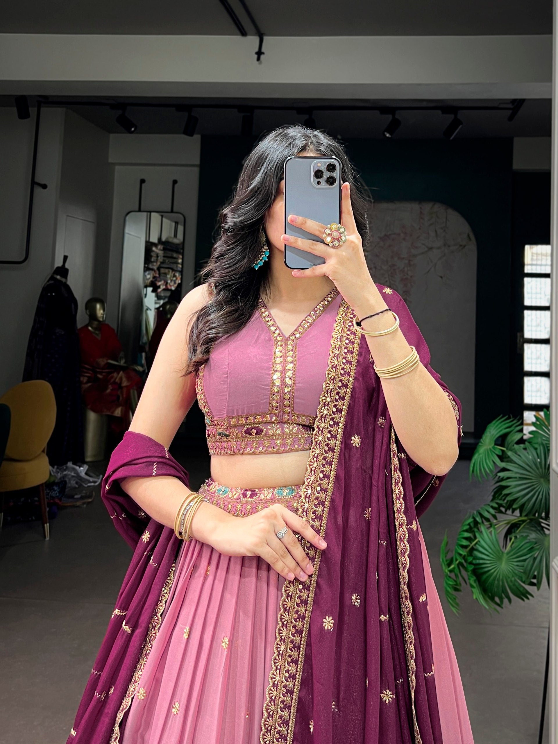 Dusty Rose Pink Star Georgette Flared Lehenga Choli Set with Zari, Sequins & Resham Embroidery, Butti Work, Arca Detailing & Wine Purple Dupatta