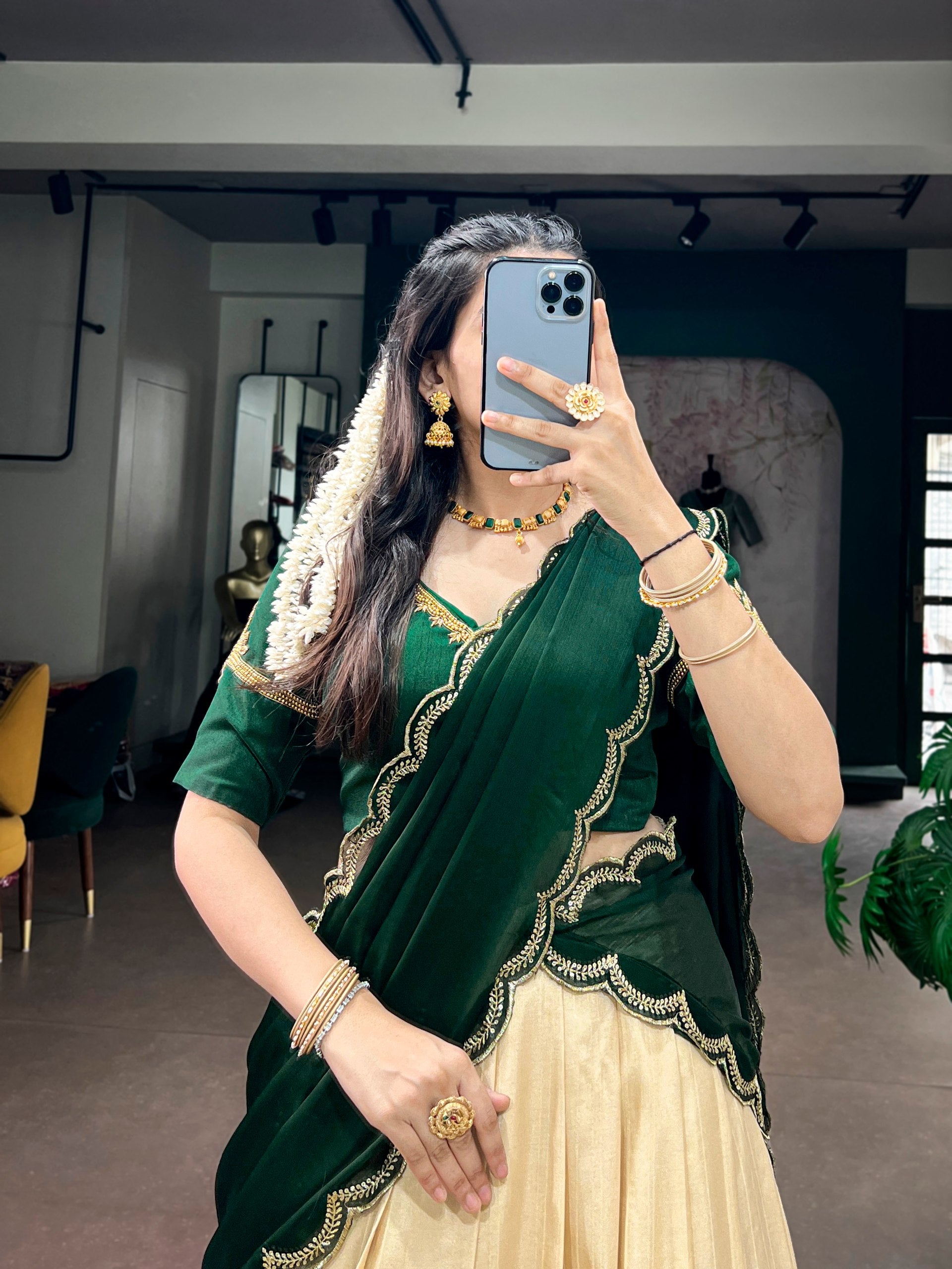 Champagne Cream Poly Kotha Tussar Silk Flared Half Saree Lehenga Set with Traditional Gold Zari Weaving Border & Emerald Green Scalloped Embroidered Dupatta