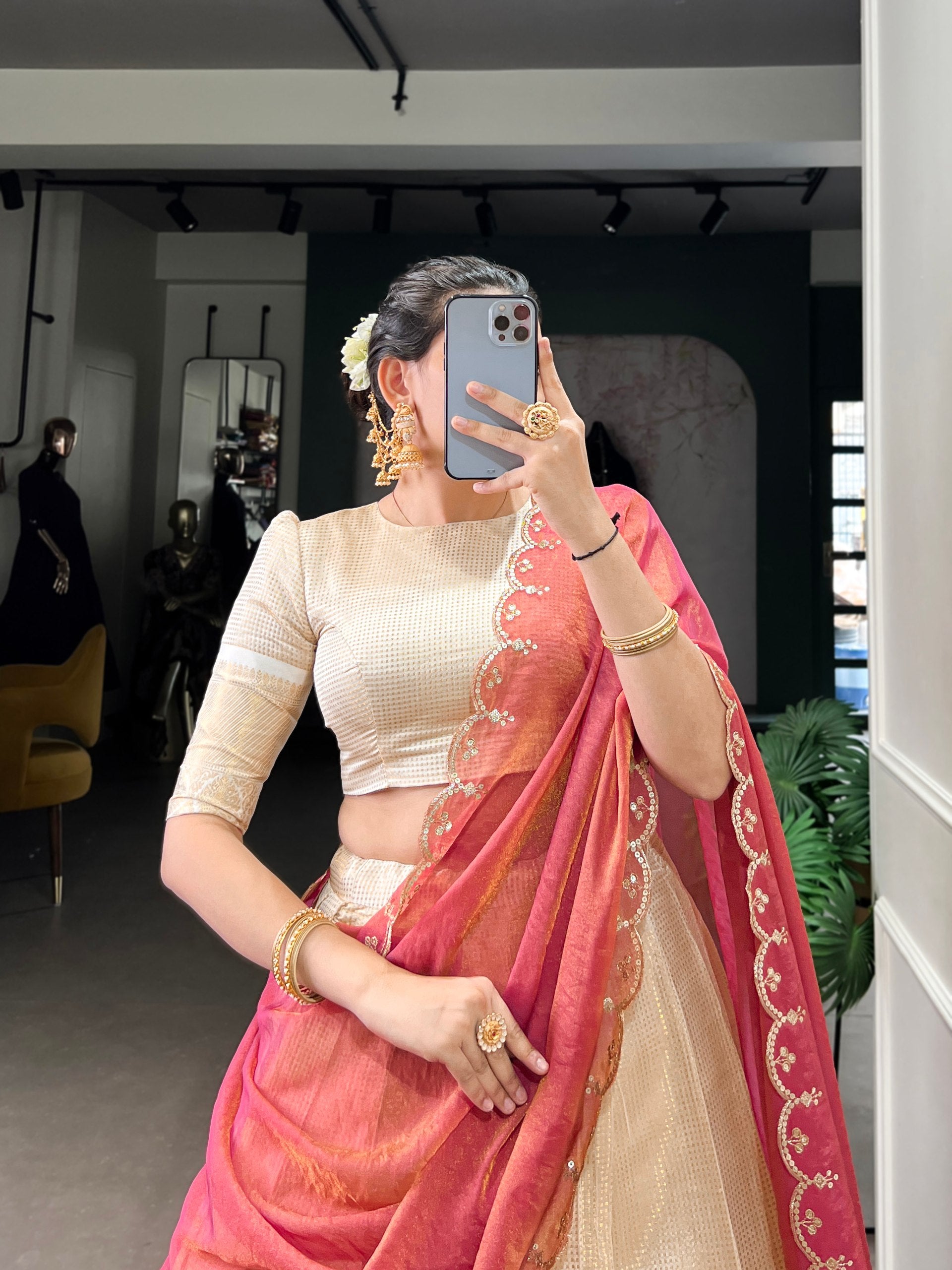 Off-White & Cream Jacquard Checks Silk Half Saree Lehenga Set with Rich Gold Zari Weaving Border, Puff Sleeve Blouse & Peach-Coral Scalloped Embroidered Dupatta
