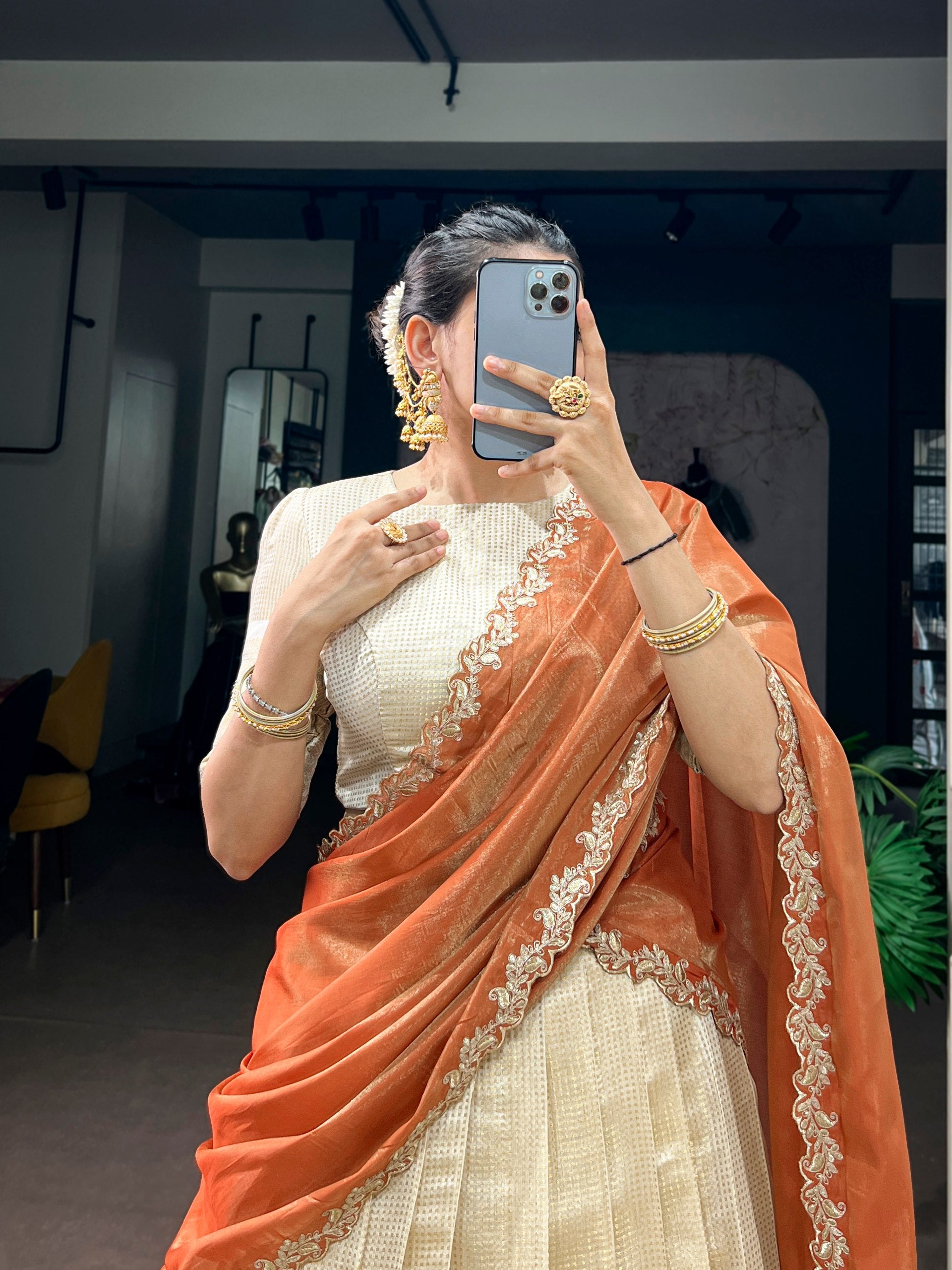Off-White & Cream Jacquard Checks Silk Half Saree Lehenga Set with Rich Gold Zari Weaving Border, Puff Sleeve Blouse & Rust Orange Scalloped Embroidered Dupatta