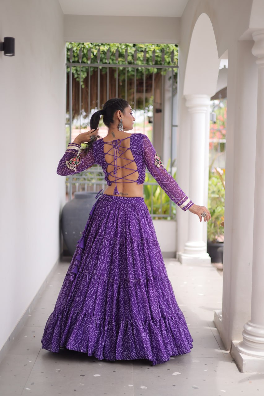 Navratri Purple Bandhani Georgette Tiered Lehenga Choli Set