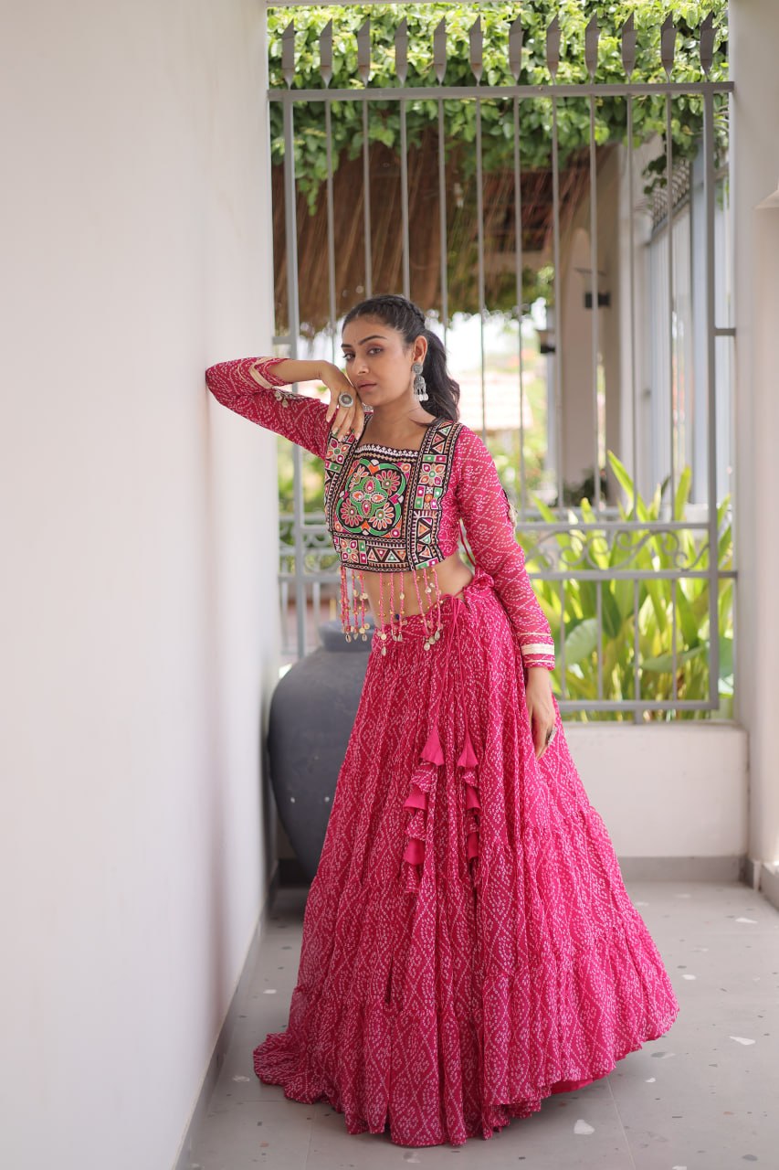 Navratri Rani Pink Bandhani Georgette Tiered Lehenga Choli Set
