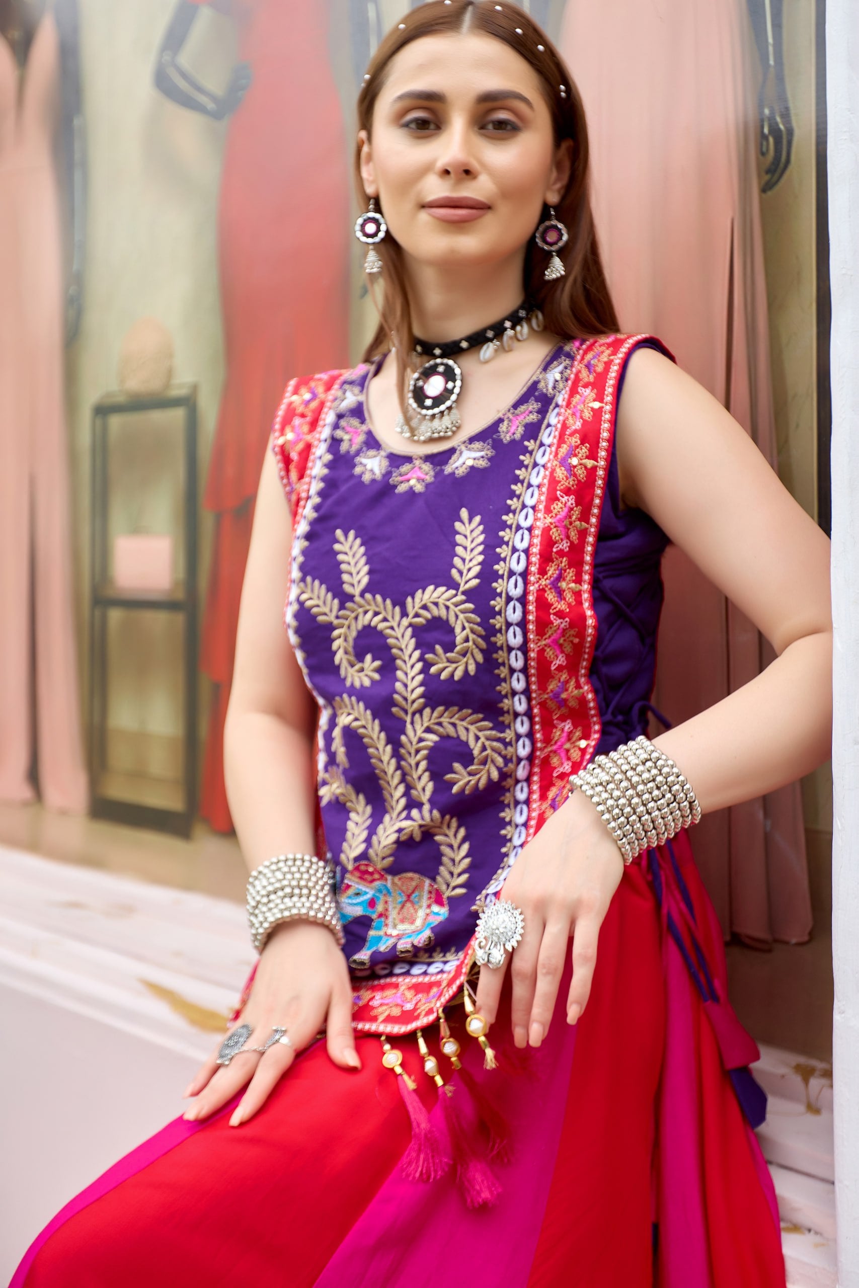 Rani Pink & Red Pure Cotton Panelled Lampi Lace Work Lehenga With Embroidered Koti Blouse