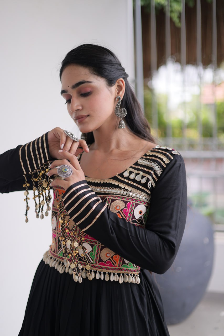 Navratri Jet Black Heavy 14 Kg Rayon Tiered Flared Anarkali Gown with Kutchi Gamthi Thread Embroidery, Mirror Work & Fancy Latkan Detailing