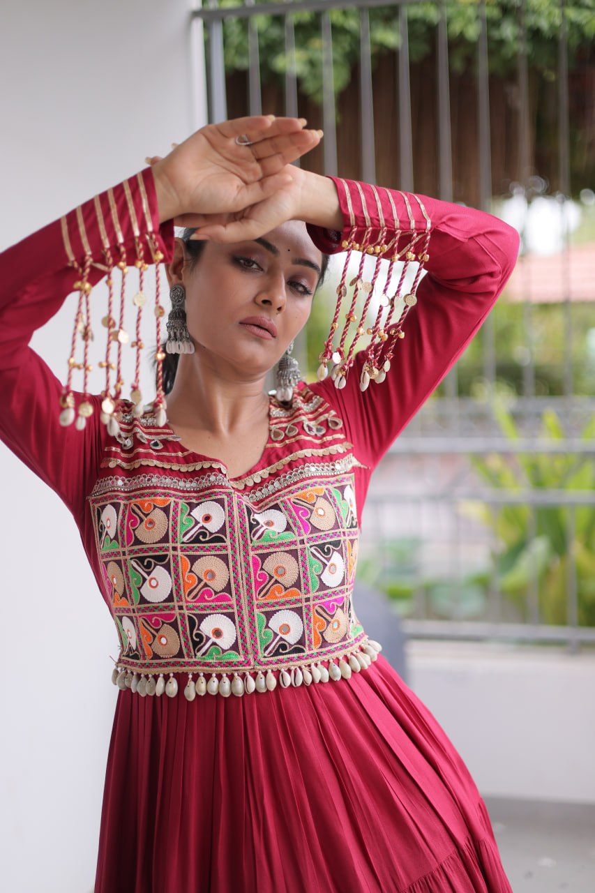 Navratri Maroon Red Heavy 14 Kg Rayon Tiered Flared Anarkali Gown with Kutchi Gamthi Thread Embroidery, Mirror Work & Fancy Back Dori Latkan