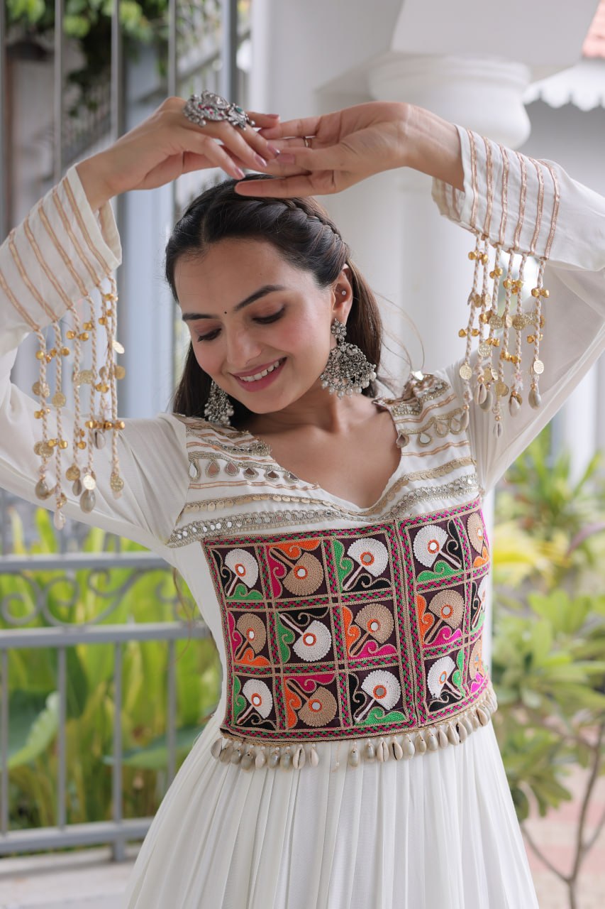 Navratri Off-White Heavy 14 Kg Rayon Tiered Flared Anarkali Gown with Kutchi Gamthi Thread Embroidery, Mirror Work & Fancy Latkan Detailing