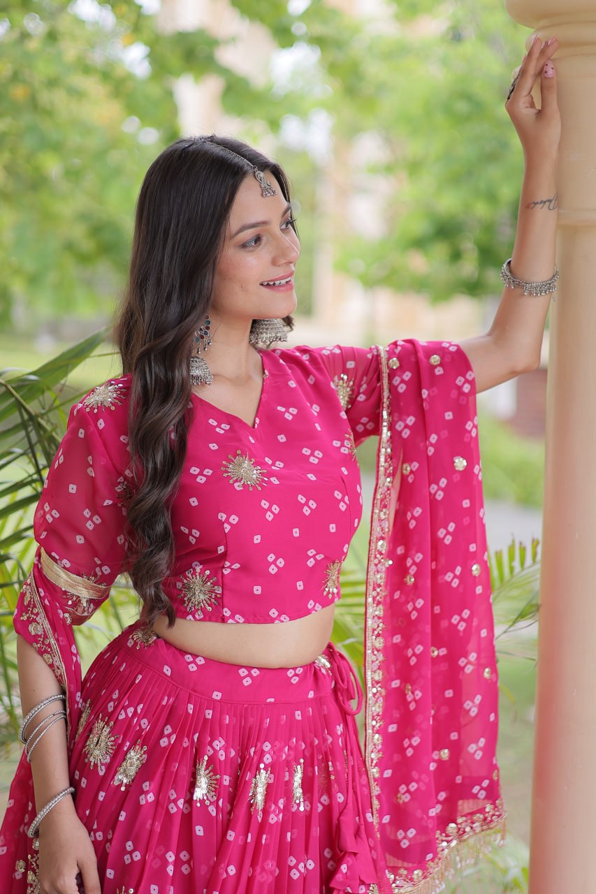 Navratri Rani Pink Faux Georgette Flared Lehenga Choli Set with Bandhej Print, Sequins & Zari Embroidery & Gota Patti Border