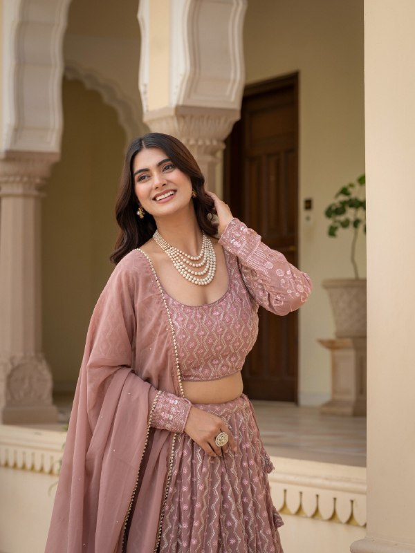 Dusty Onion Pink Faux Georgette Flared Lehenga Choli Set with Thread, Zari & Sequins Geometric Chevron Embroidery, Full Sleeve Blouse & Embroidered Dupatta