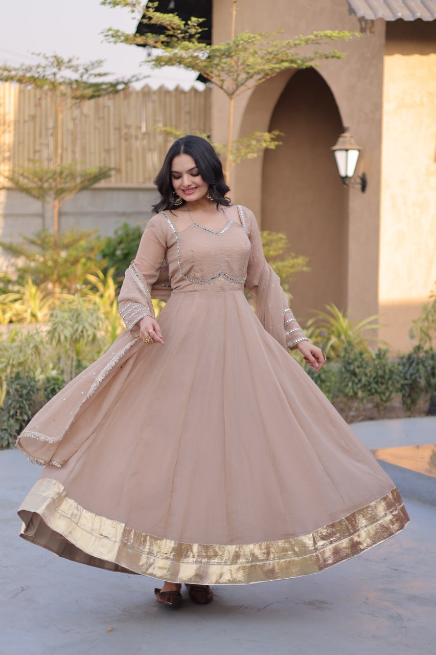 Beige Nude Silver Crunchy Georgette Anarkali Suit with Mirror Lace Work & Dupatta