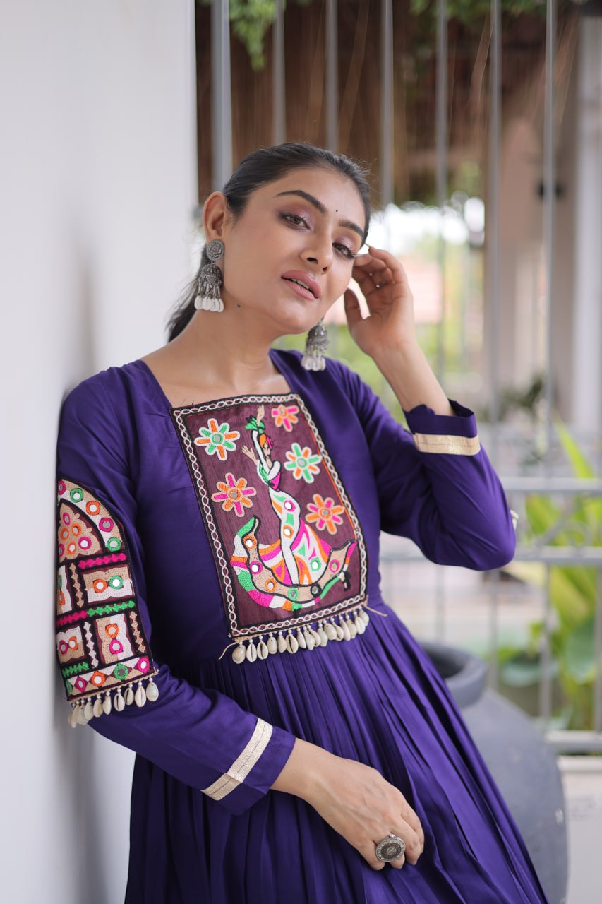 Navratri Royal Purple Heavy 14 Kg Rayon Flared Anarkali Gown with Kutchi Gamthi Thread Work & Metallic Tiered Ruffle Border