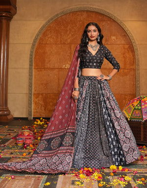 Black Crepe Print Work Navratri Lehenga Choli for Garba Night by The Beauty Queen Surat