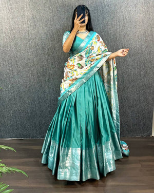 Rama Blue Aura Silk Half Saree with White Kalamkari Print Narayanpet Patta and Silver Zari Border by The Beauty Queen Surat
