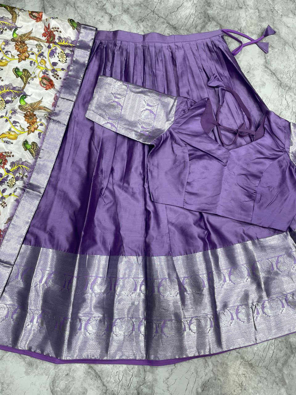 Lavender Purple Aura Silk Half Saree – Kalamkari Narayanpet Patta with Silver Zari Border Set
