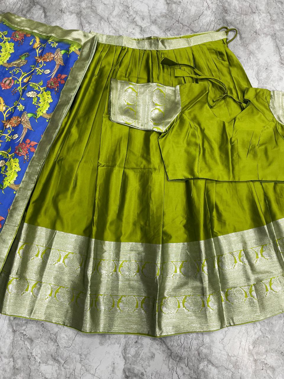 Parrot Green Aura Silk Half Saree – Kalamkari Narayanpet Patta with Silver Zari Border Set