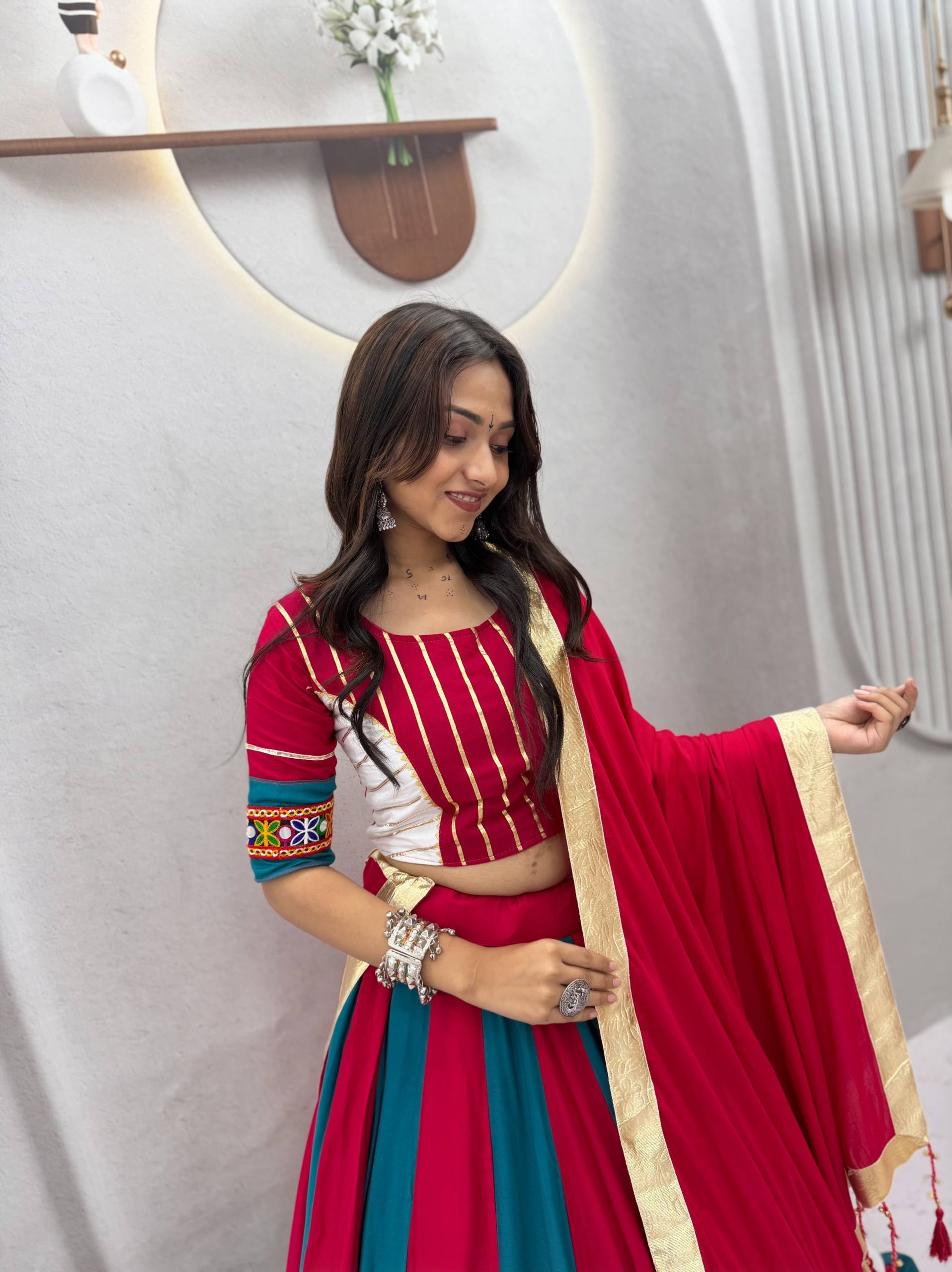 Navratri Multi-Color Pure Cotton Flared Kalidar Lehenga Choli Set with Gota Patti Stripes, Gamthi Embroidered Blouse & Jet Black Dupatta