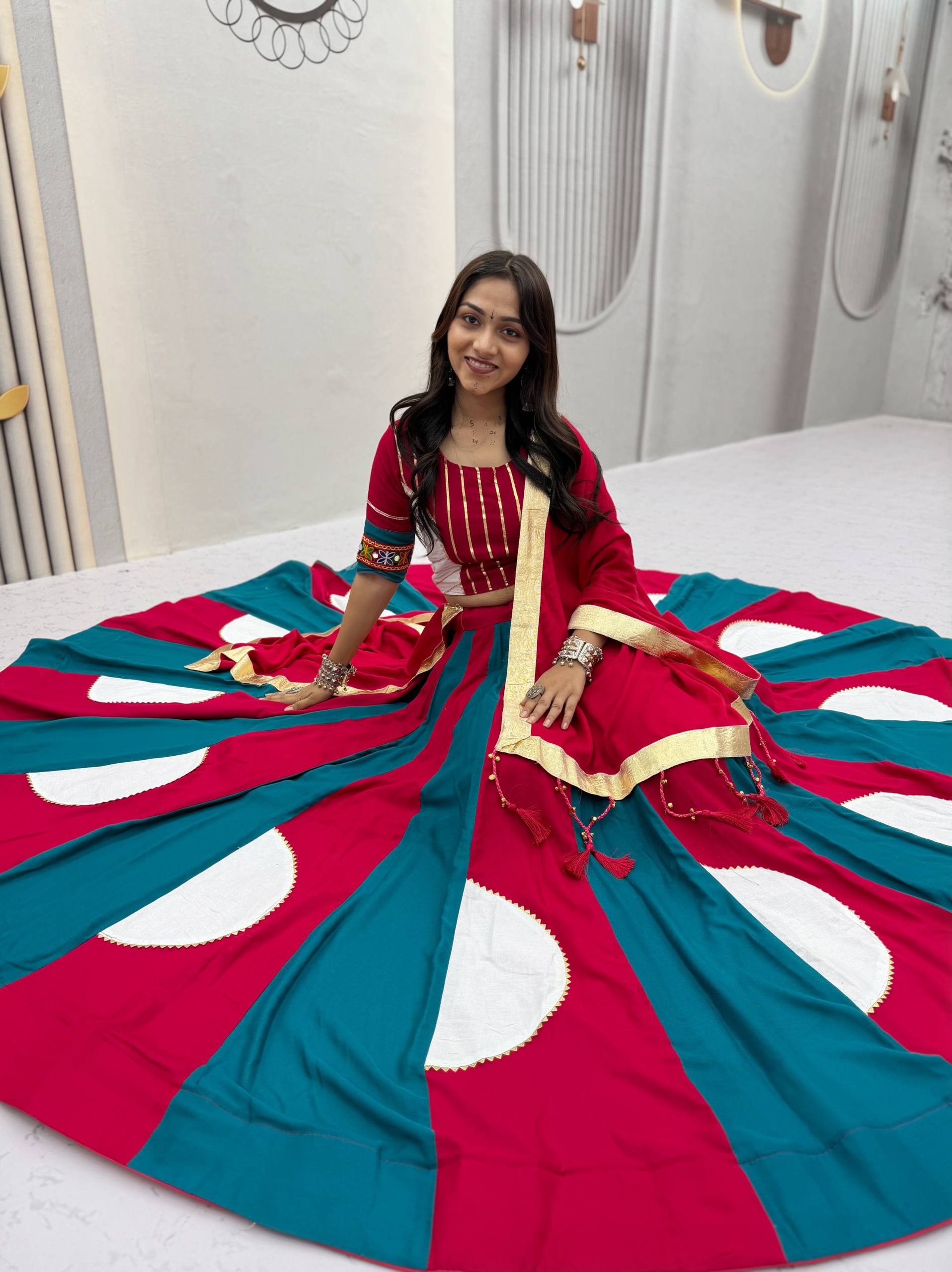Navratri Multi-Color Pure Cotton Flared Kalidar Lehenga Choli Set with Gota Patti Stripes, Gamthi Embroidered Blouse & Red Dupatta