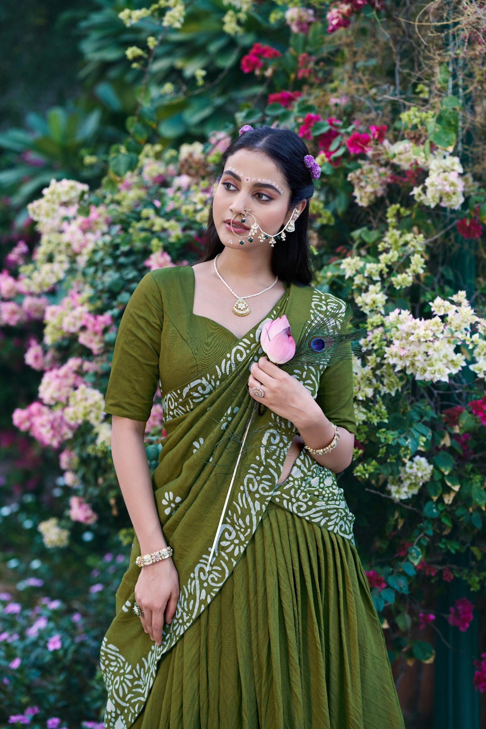 Olive Green Lightweight Cotton Chanderi Flared Half Saree Lehenga Set with Handcrafted Natural Batik Print, Fitted Blouse & Draped Dupatta