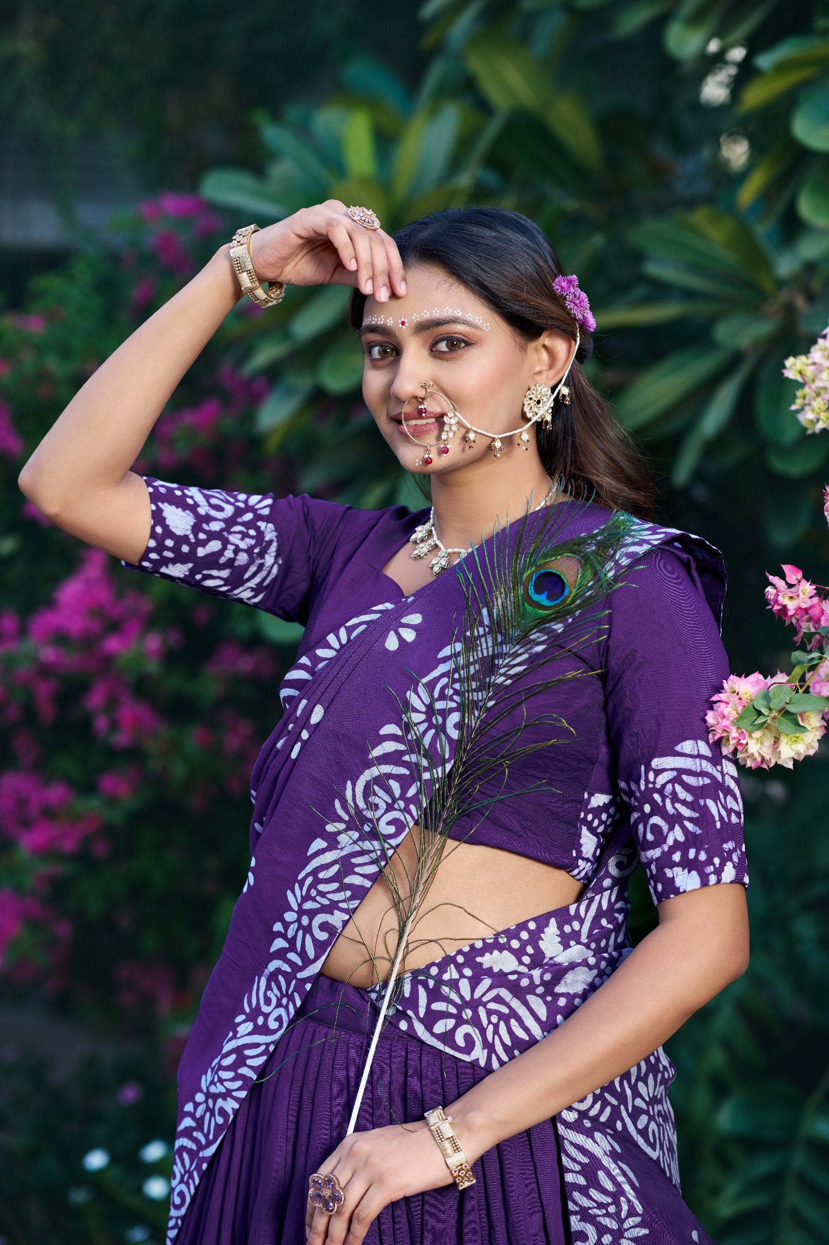 Deep Purple Lightweight Cotton Chanderi Flared Half Saree Lehenga Set with Handcrafted Natural Batik Print, Fitted Blouse & Draped Dupatta