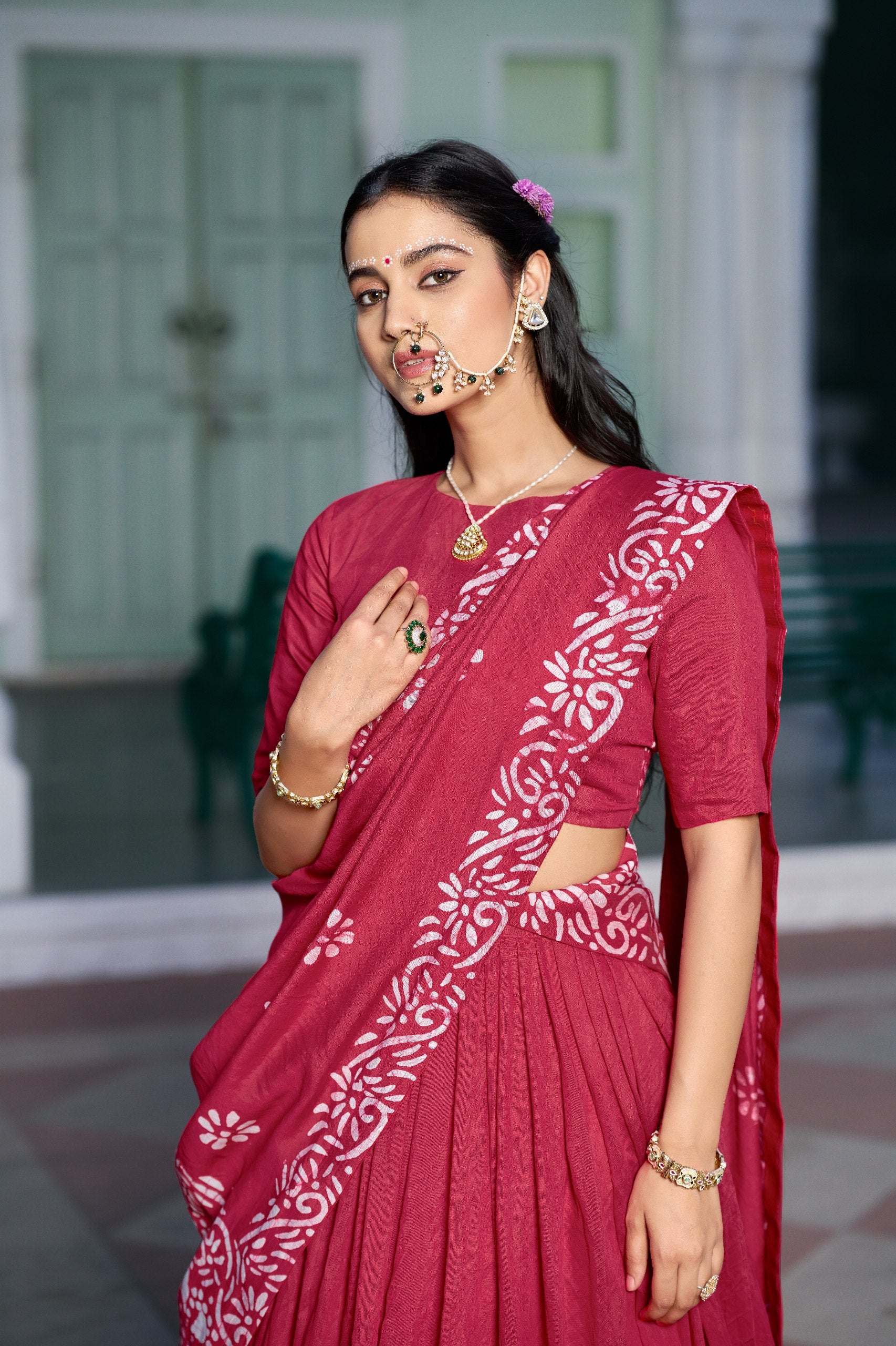 Rani Pink Lightweight Cotton Chanderi Flared Half Saree Lehenga Set with Handcrafted Natural Batik Print, Fitted Blouse & Draped Dupatta