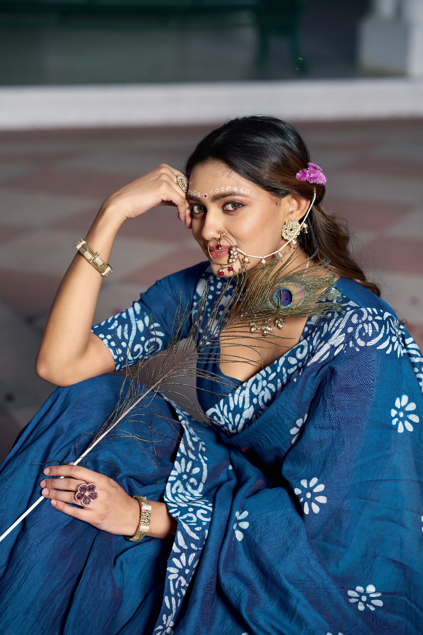 Indigo Blue Lightweight Cotton Chanderi Flared Half Saree Lehenga Set with Handcrafted Natural Batik Print, Fitted Blouse & Draped Dupatta