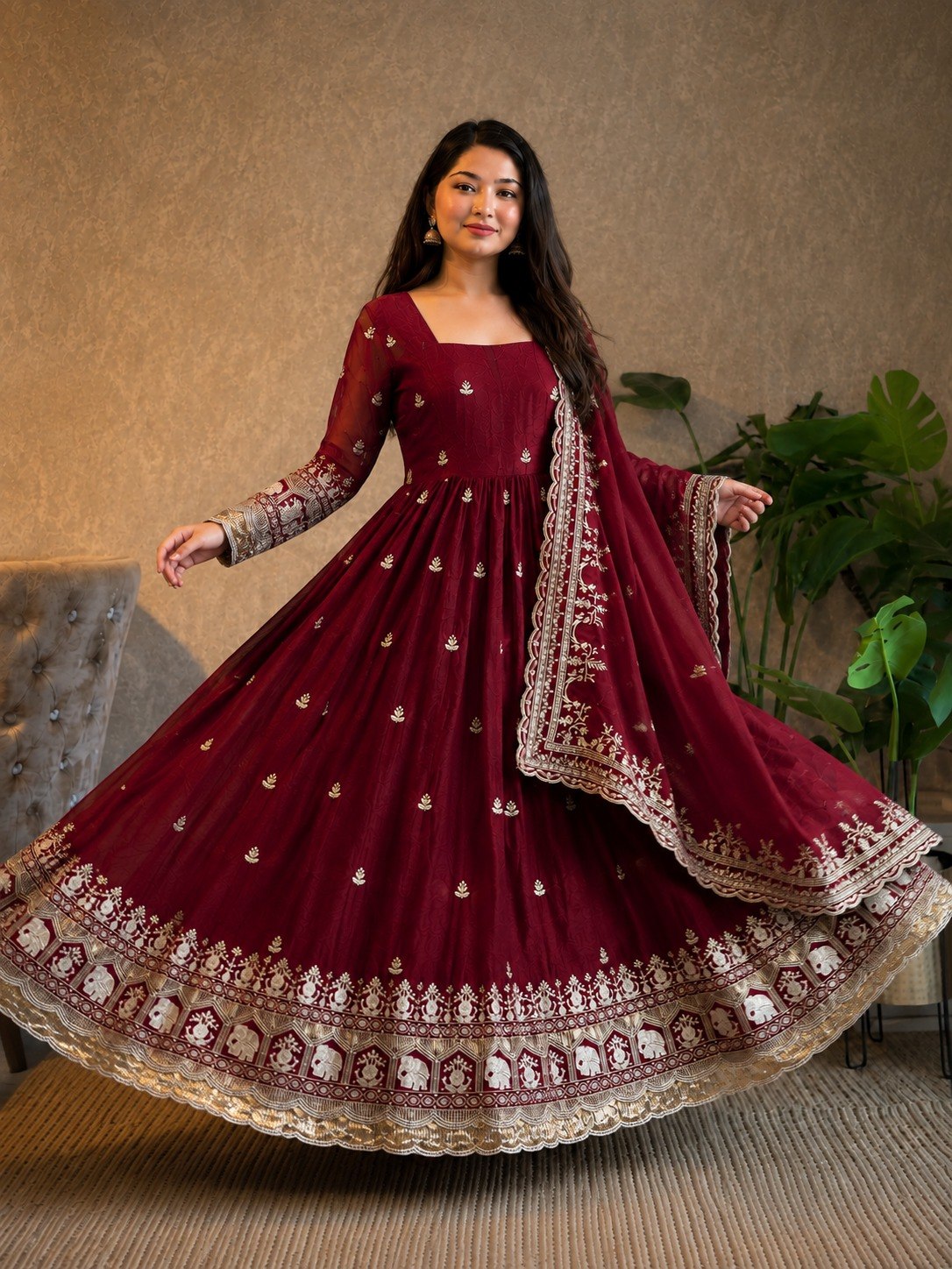 Maroon Wine Premium Fandy Satin Flared Anarkali Gown with Zari, Sequins & Elephant Motif Embroidery, Full Sleeves & Scalloped Dupatta Set