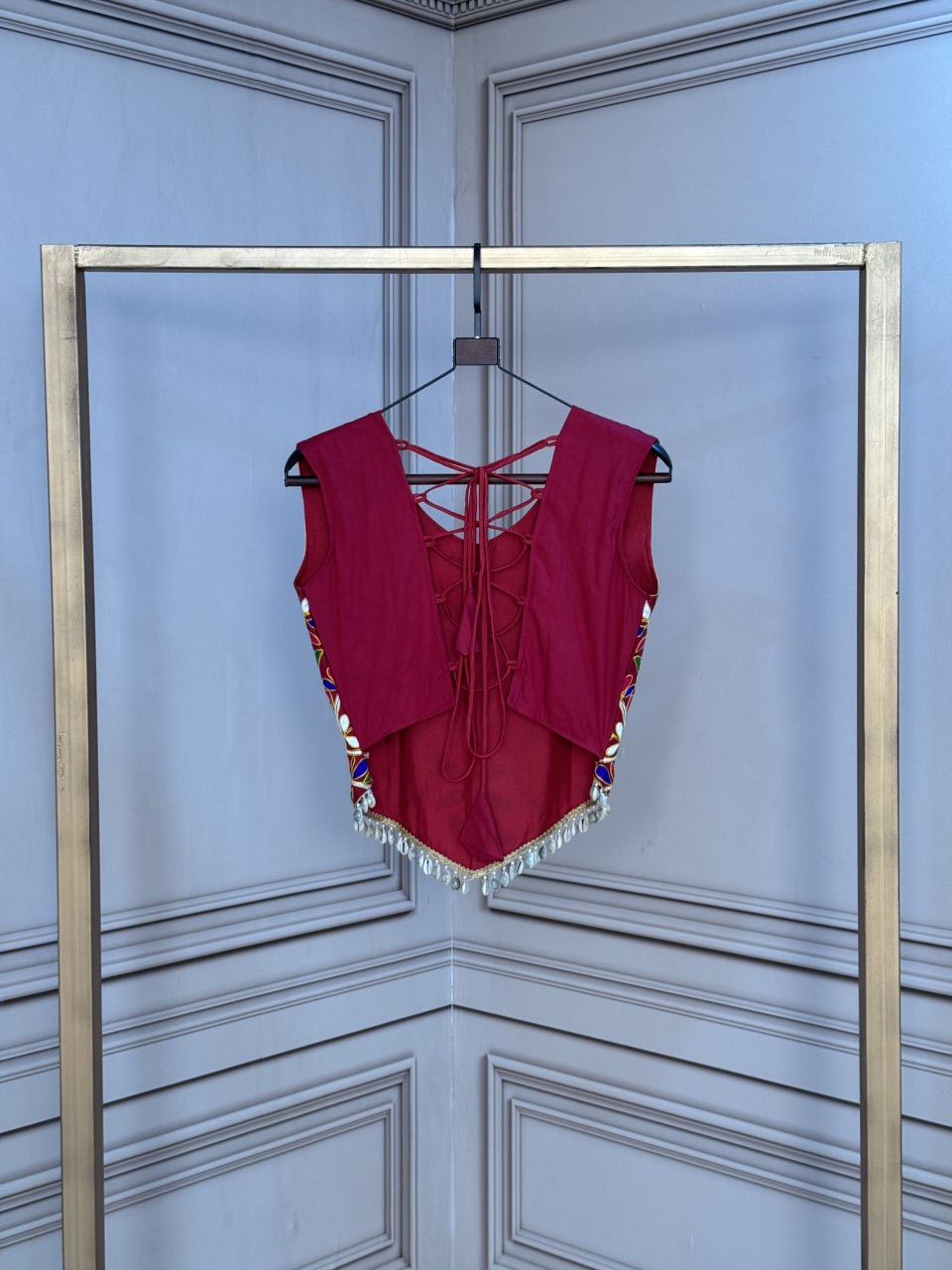 Maroon Red Rayon Multi-Color Kutchi Embroidery Navratri Blouse with Cowrie Shell Fringe Tassels