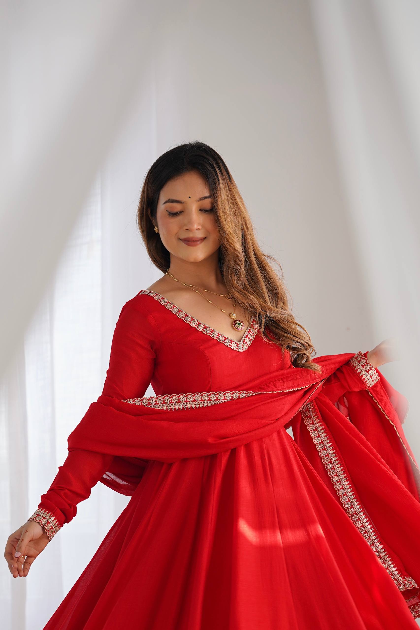 Sindoor Red Heavy Blooming Vichitra Silk Fully Flared Anarkali Gown Suit Set with Rich Golden Zari & Mirror Work Border, Embroidered Sweetheart Neckline, Matching Pants & Georgette Dupatta