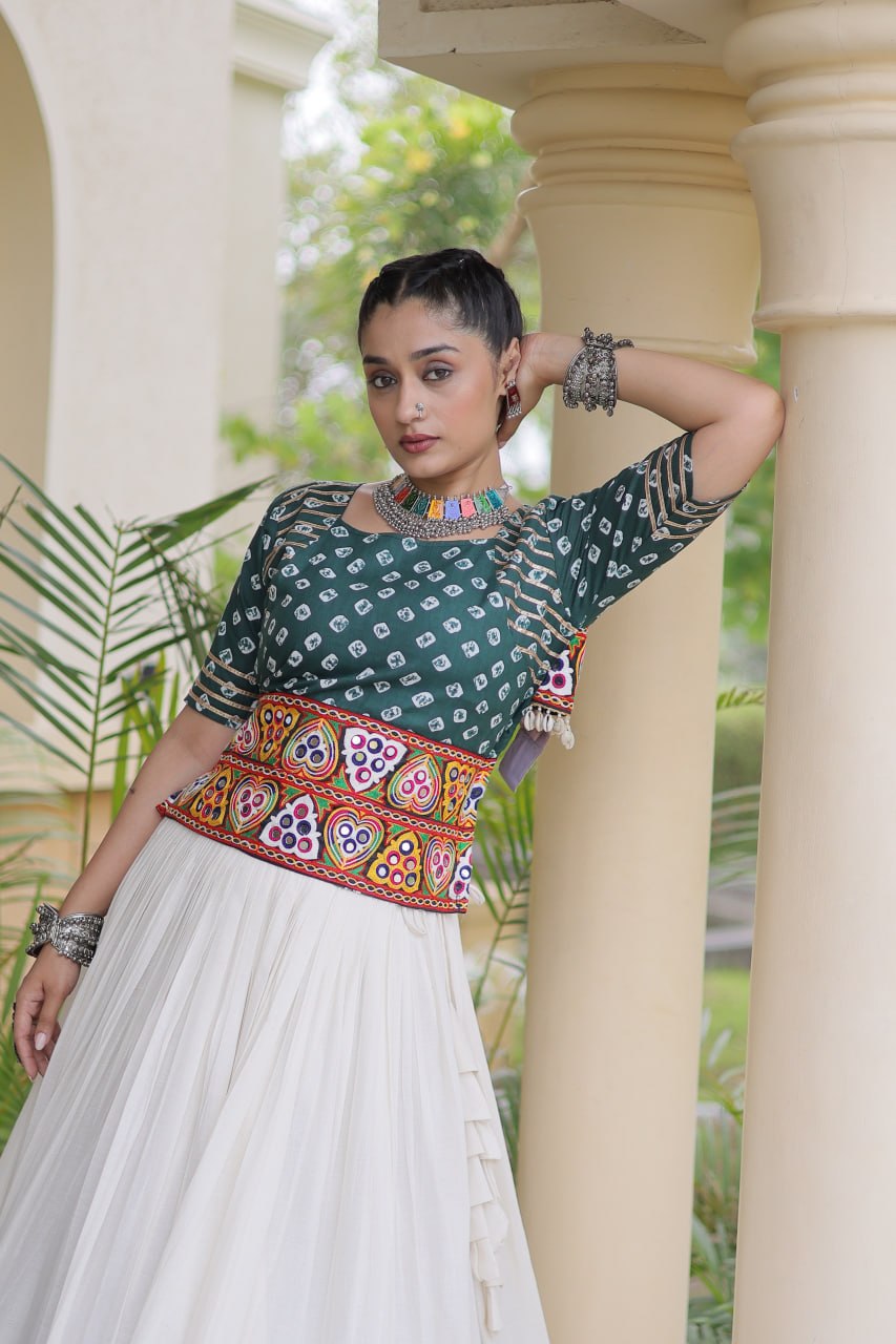 Navratri Off-White Kora Cotton Flared Lehenga Set with Gota Patti Lace Work & Bottle Green Bandhani Embroidered Blouse