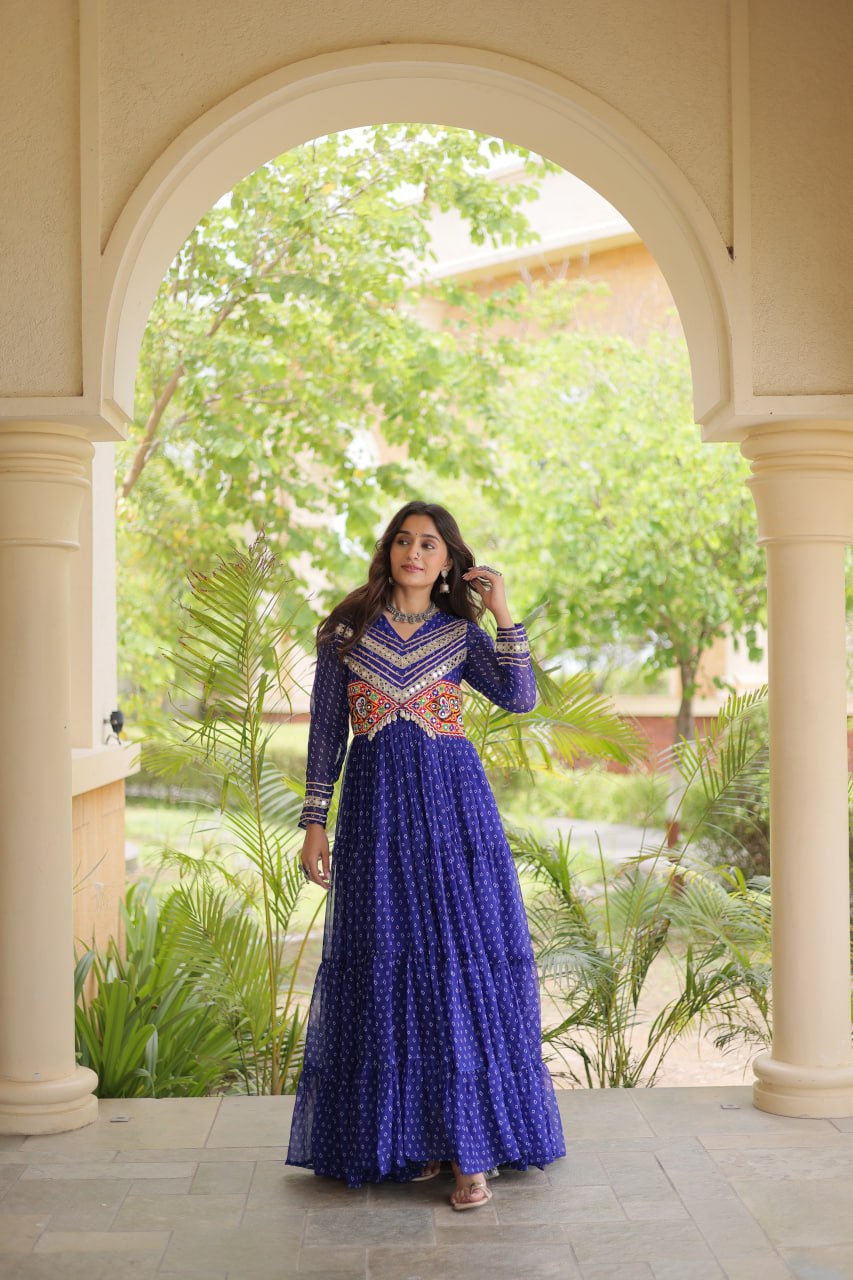 Royal Blue Faux Georgette Bandhani Print Navratri Gown with Kutchi Patchwork & Cowrie Shells