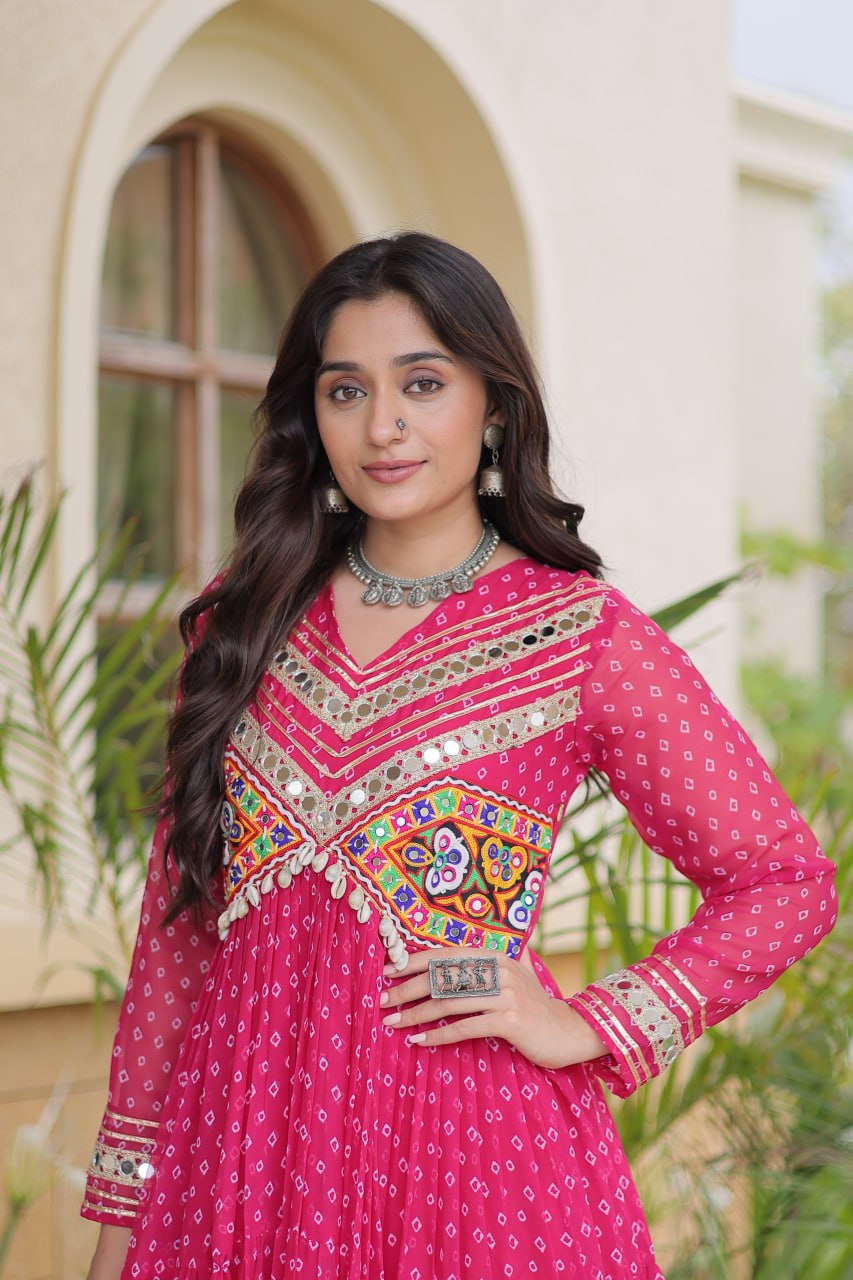 Rani Pink Faux Georgette Bandhani Print Navratri Gown with Kutchi Patchwork & Cowrie Shells