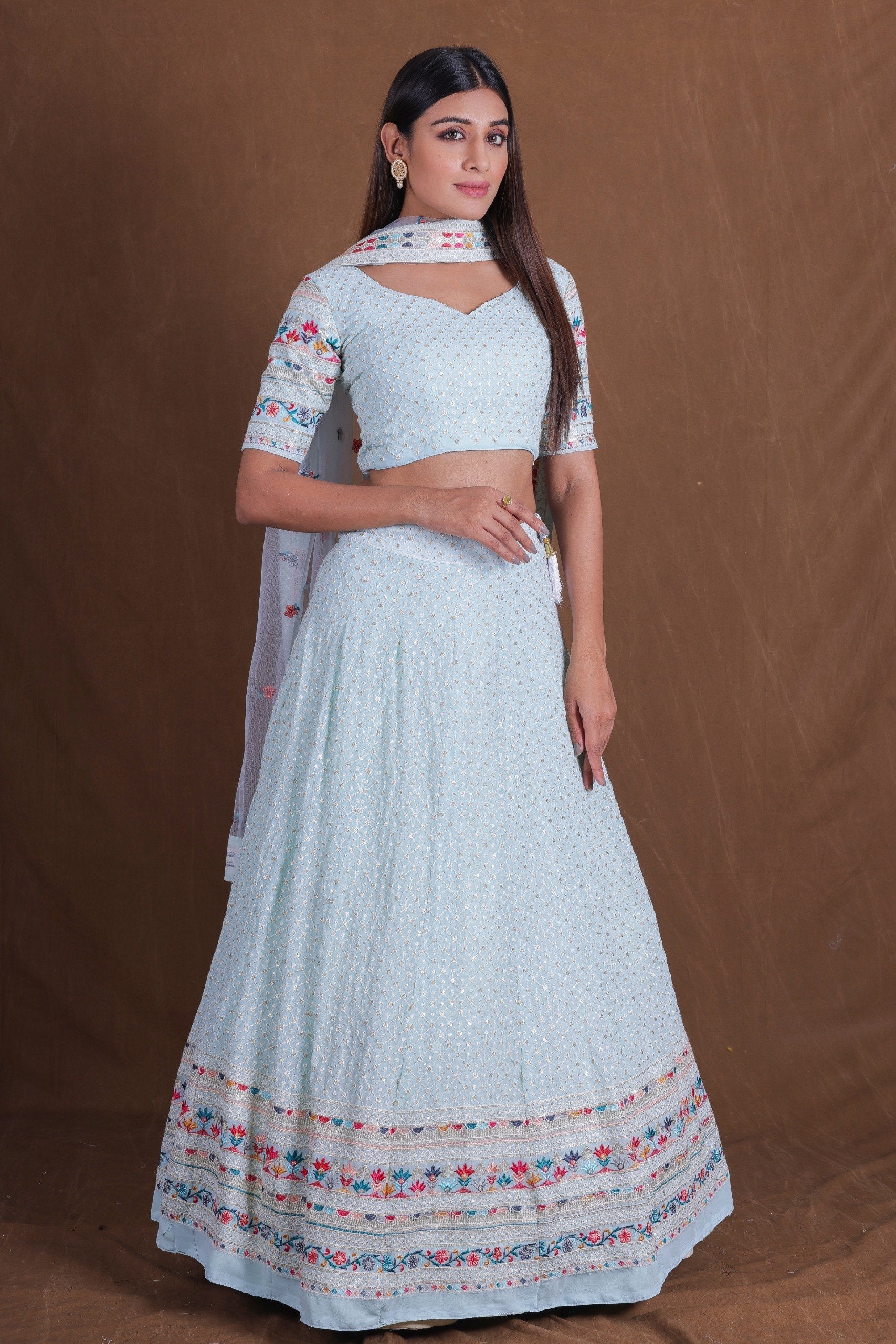 Powder Sky Blue Georgette Flared Lehenga Choli Set with Multi-Color Resham Thread & Sequins Embroidery, Floral Border, Sweetheart Blouse & Matching Dupatta