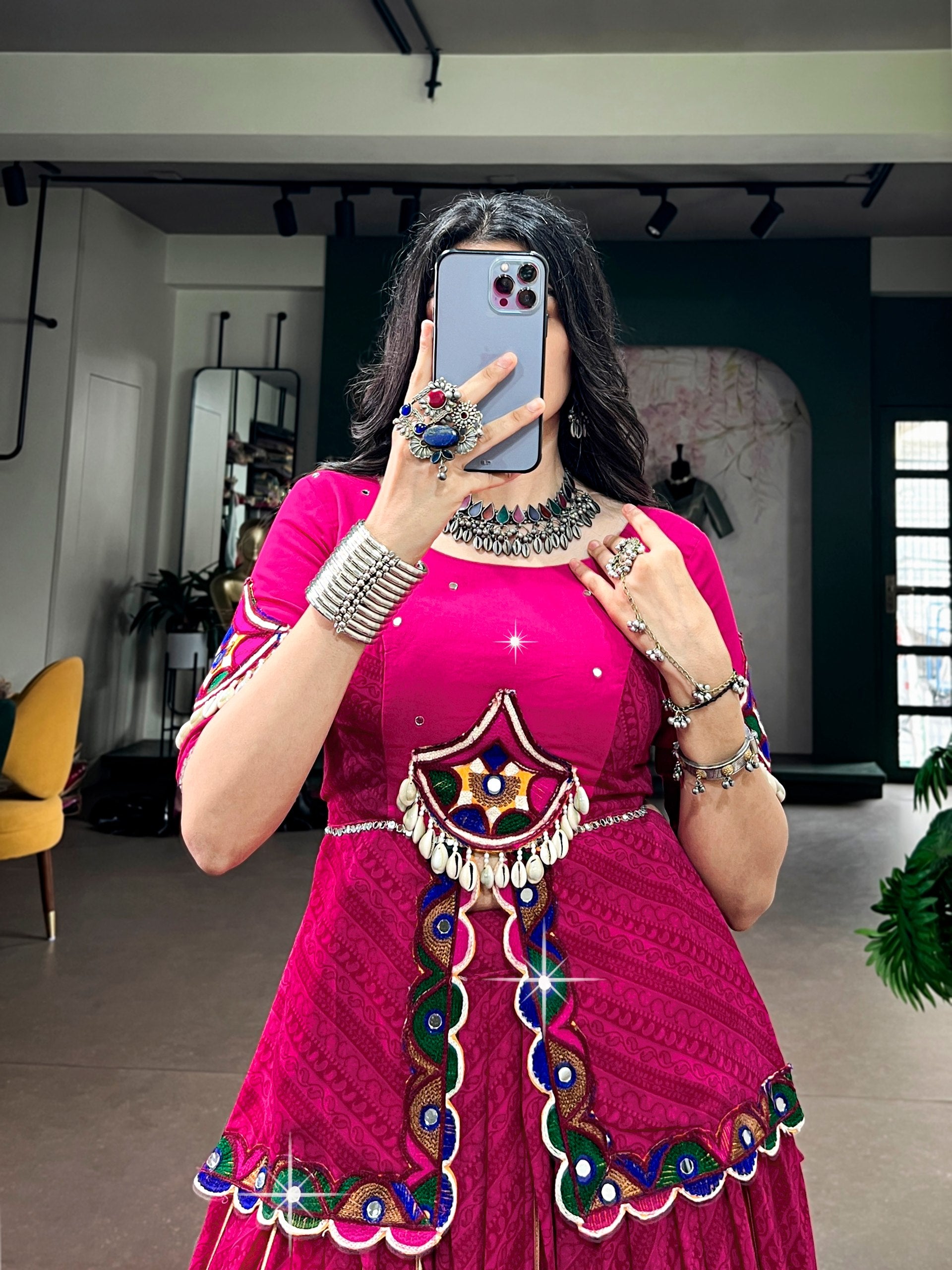 Rani Pink Georgette Printed Flared Kalidar Lehenga with Gota Patti Lace & Designer Peplum Kediya Blouse with Gamthi Mirror Lace Work