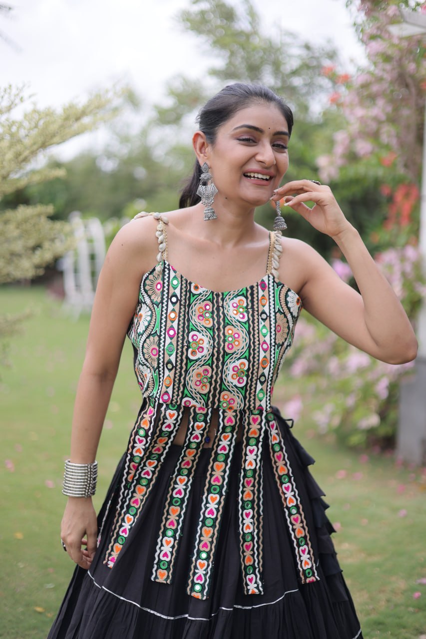 Black Premium Kora Cotton Embroidered Top with Frill Tiered Navratri Lehenga Choli Set